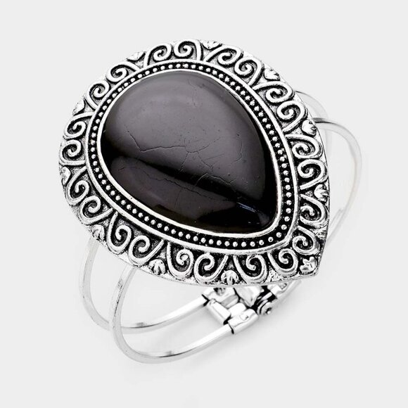 NEW Bohemian Antique Pattern Embossed Metal Onyx Stone Hinged Bracelet - Picture 1 of 9